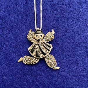Marcasite Clown Pendant/Brooch w/Movable Arms & Legs, 17" SS Chain